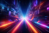 Light motion. Speed motion on the neon glowing road at dark. Speed motion. Colored light streaks acceleration. Abstract illustration. Blue and orange-yellow motion streaks. Space Gates.

