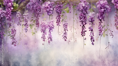 illustration of hanging garlands of beautiful blossoms, romantic style, purple and green colors on a grunge background