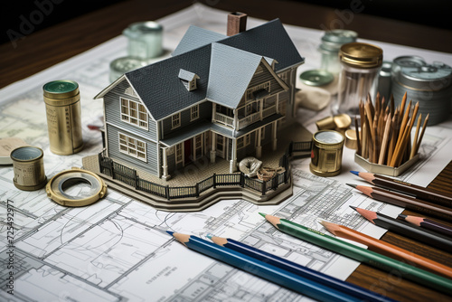 A detailed model of ahouse is placed on architectural blueprints, surrounded by pencils, paint, and construction tools, depicting the planning phase of building design. photo