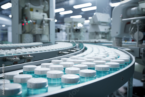 An array of blue and white capsule pills is shown on a conveyor belt, depicting the mass production process in a pharmaceutical plant.