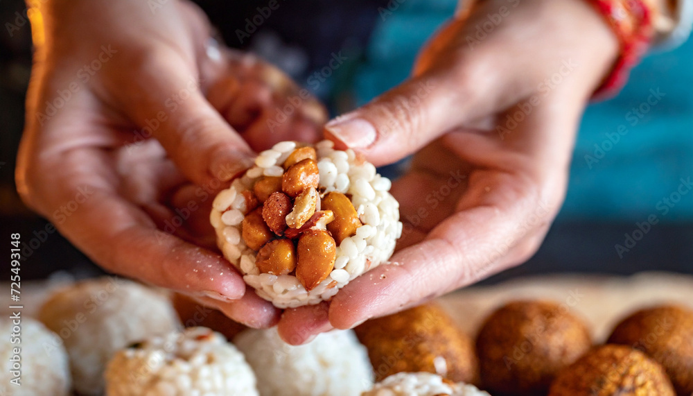 Hands Forming Rice Balls with Various Fillings