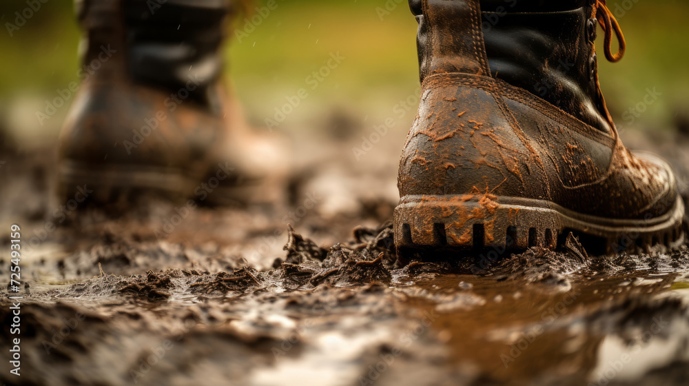 close-up of boots, caked in mud, venturing into the wild close-up of boots, caked in mud, venturing into the wild