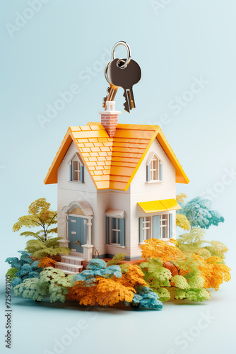 A small, detailed replica of a house paired with keys signifies property ownership, set a white background.