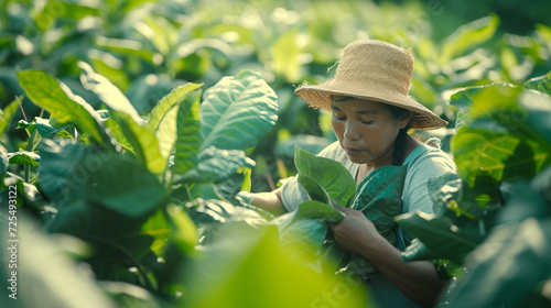 Un mujer filipina, con sombrero de paja, trabajando en el campo