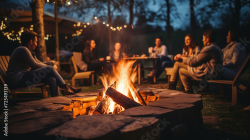 close-up of a large bonfire, friends gathered around in the blurred background photo