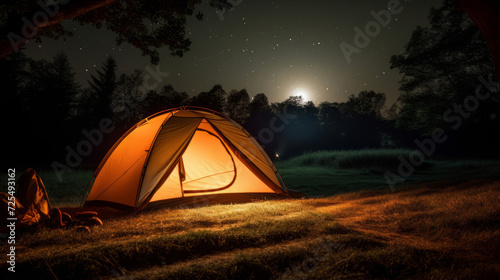 camping tent illuminated from within, creating a warm, inviting glow against the backdrop of a starry night