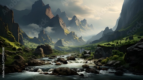 Fantastic panoramic landscape with a mountain river in the foreground photo
