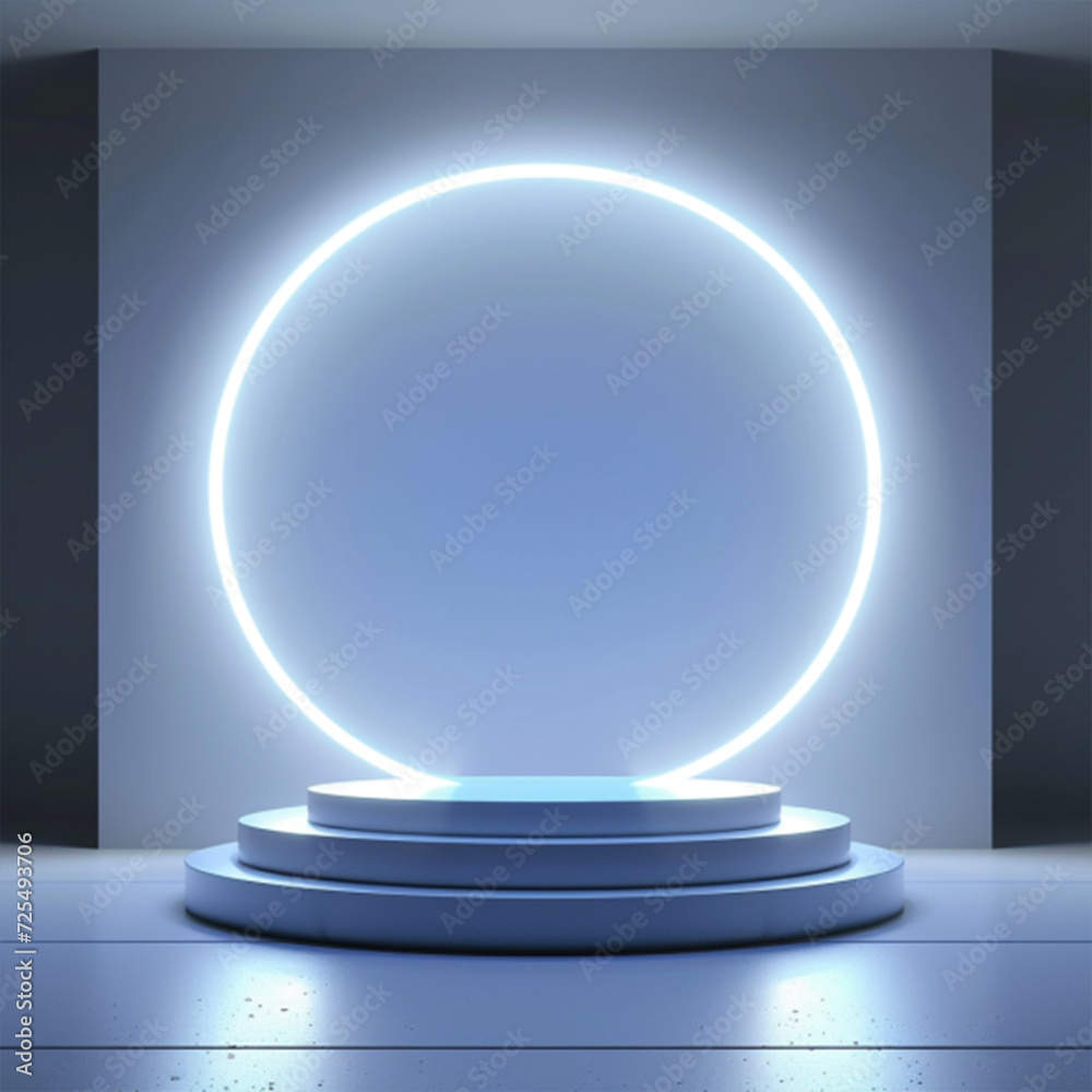 Abstract shine silver cylinder pedestal podium. Sci-fi white empty room concept with semi circle glowing neon lighting. Vector rendering 3d shape ai technology Abstract shine silver cylinder pedestal podium. Sci-fi white empty room concept with semi circle glowing neon lighting. Vector rendering 3d shape ai technology