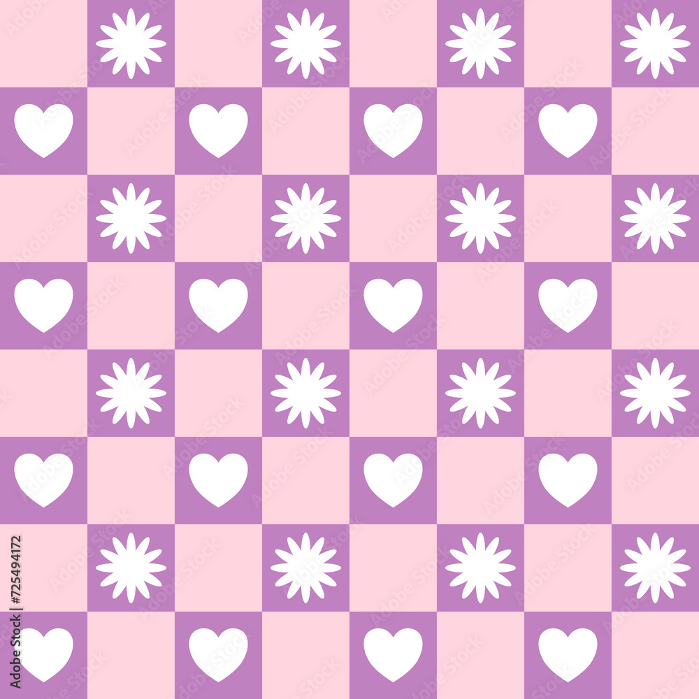 Purple and pink check seamless pattern with hearts and flowers. Abstract art print. Design for paper, covers, cards, fabrics, interior items and any. Vector illustration about Valentine.