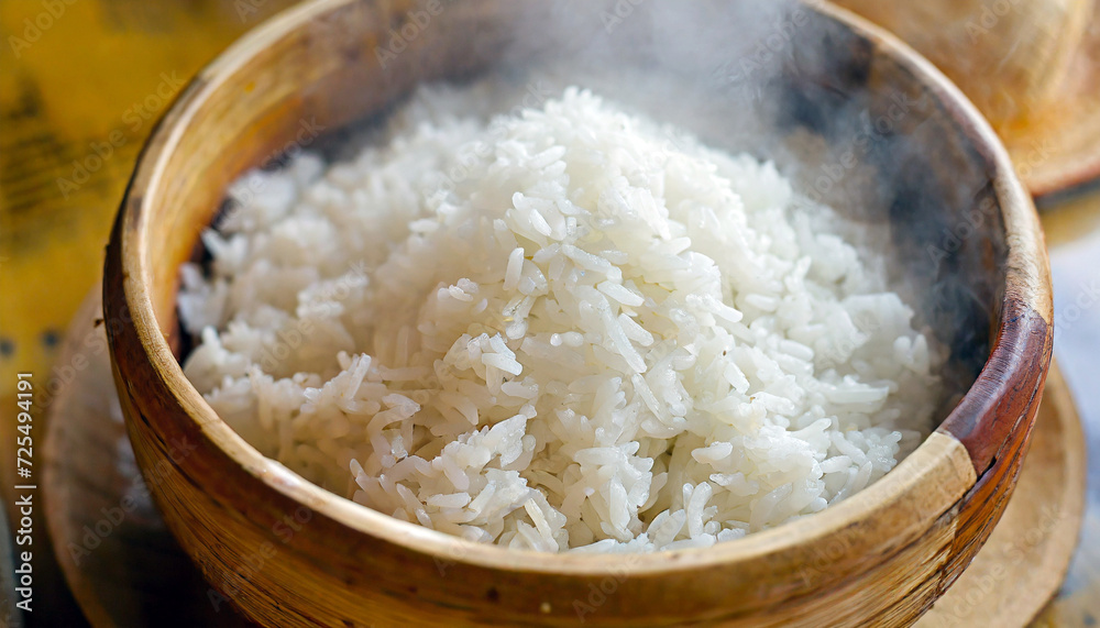 Steaming Wooden Bowl of Rice
