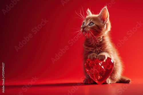 A kitten sitting with a heart shaped red cristal. Valentine's card. Generative AI © Oleksandr