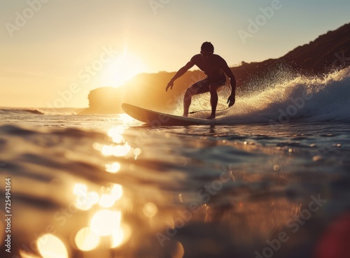 A surfer rides a wave at sunset, creating a silhouette against the golden sky and sparkling ocean. © Artsaba Family