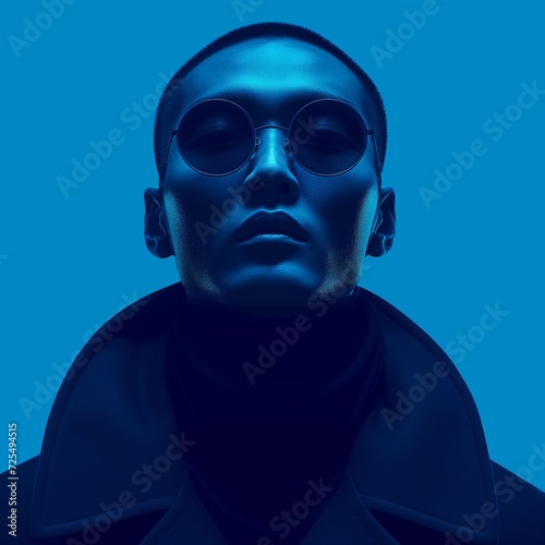 Futuristic silhouette of a Chinese young man on a blue background, AI-generated.
