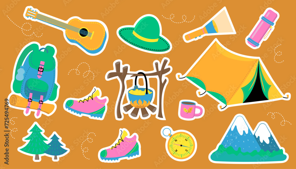 Camping, Hiking sticker set. Hand drawn elements- tent, campfire, mountains, backpack, hat, guitar.
