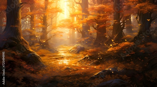 Fantasy landscape with autumn forest and sun. Panoramic image.