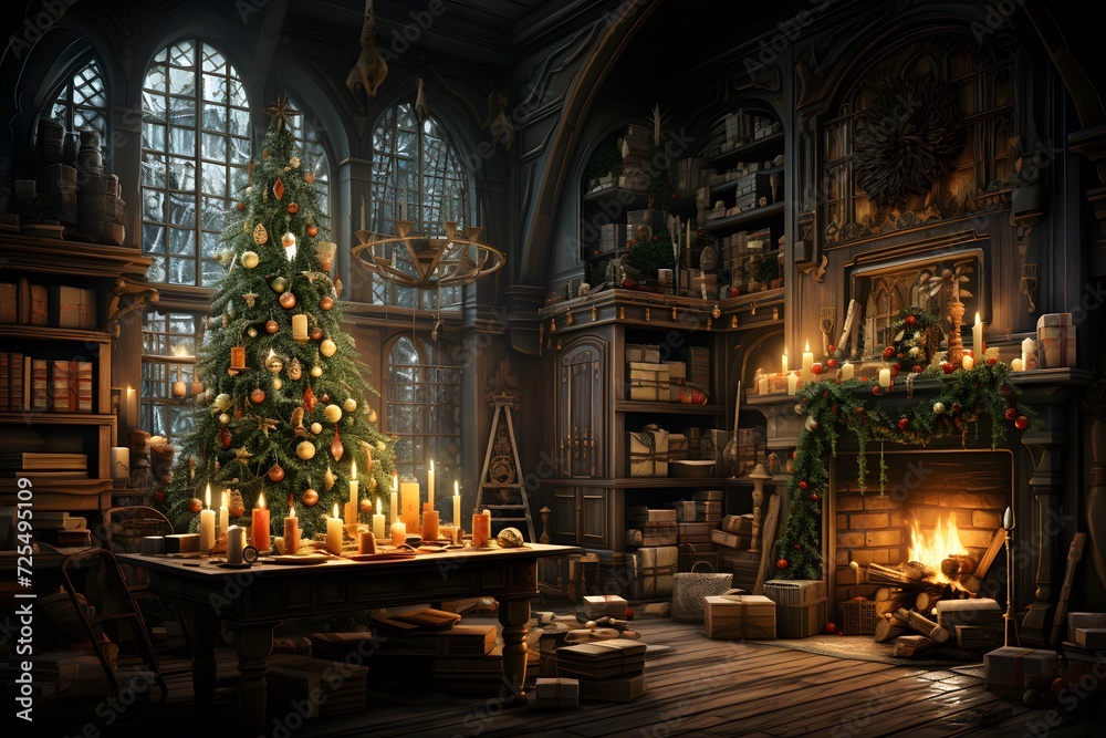 Christmas tree in a dark room with candles and books. 3d rendering