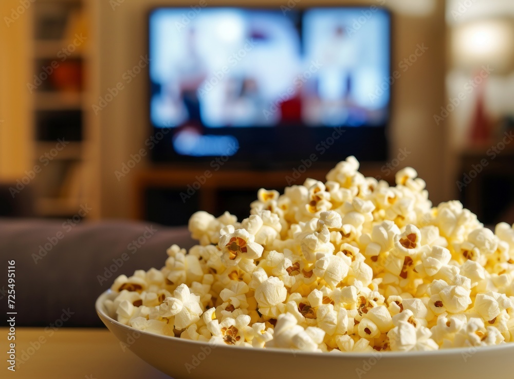 A bowl of popcorn in focus, with a blurred TV screen and cozy living room in the background. A bowl of popcorn in focus, with a blurred TV screen and cozy living room in the background.