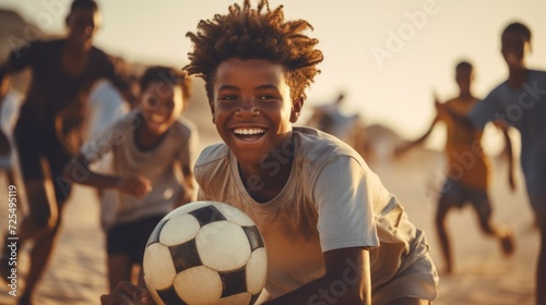 Photo of smiling cute boy running after ball during soccer game. Cheerful african american teenagers playing football on beach on summer day. Selective focus.