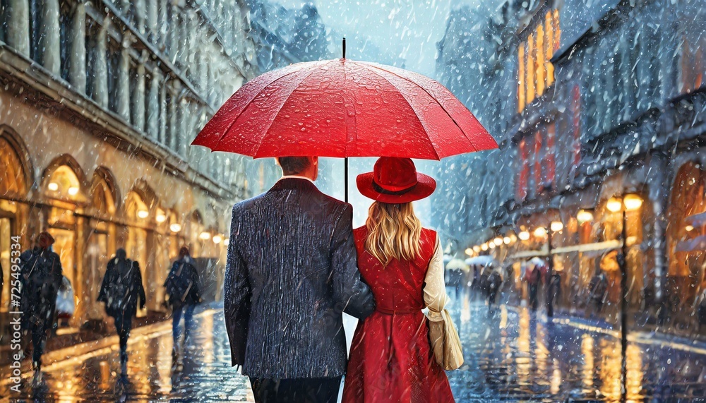 Kobieta i mężczyzna schowani pod czerwonym parasolem spacerują przez miasto w deszczową pogodę - obrazy, fototapety, plakaty 