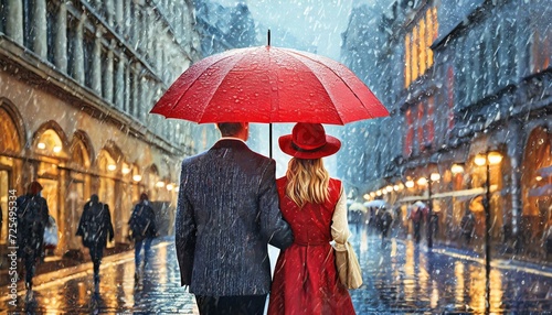 Kobieta i mężczyzna schowani pod czerwonym parasolem spacerują przez miasto w deszczową pogodę