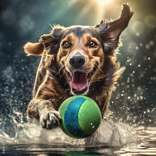 Pies biegnący po wodzie w pogoni za piłką