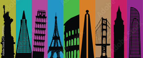 World's tourism day. Travel and tourism background. Famous buildings in the world against colorful backgrounds. Used for travel and tourism backgrounds, courier services, posts. EPS.