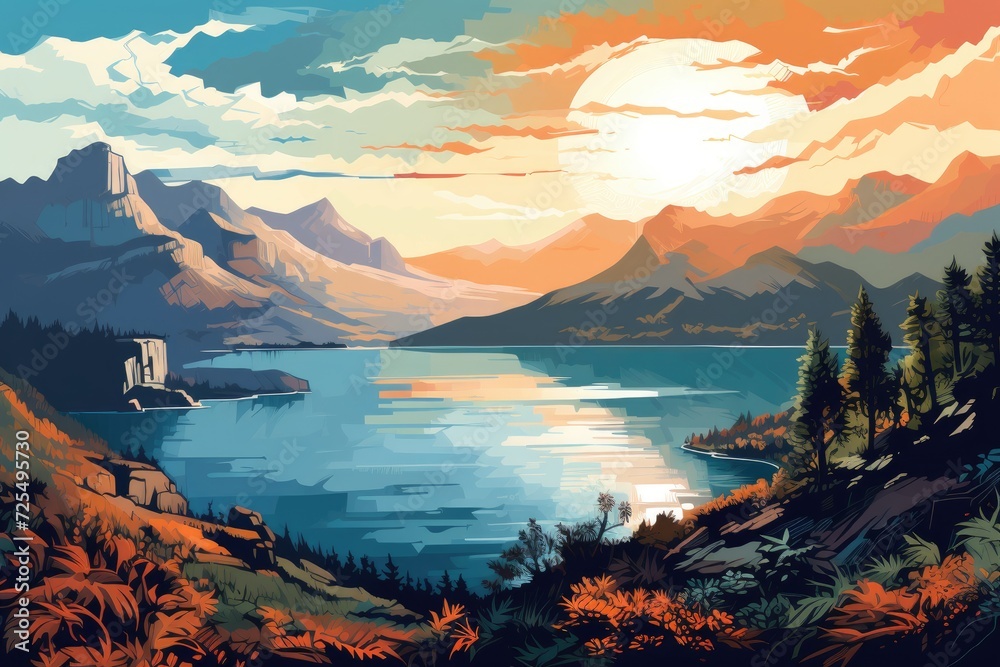 beautiful lake with mountain view landscape illustration