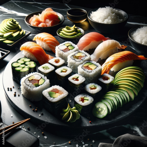 Concept of japanese food, healthy food, freshness seafood. Best for food photography style poster, collage, design. Sushi rolls set on a black plate. Illustration of tasty lunch, dinner, appetizer.