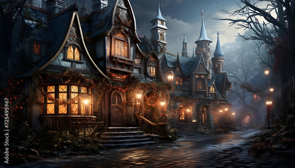 Halloween night in the old town. Digital painting. 3d rendering