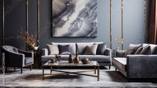 Gray fabric sofa and marble stone coffee table. Hollywood regency style interior design of modern living room photo