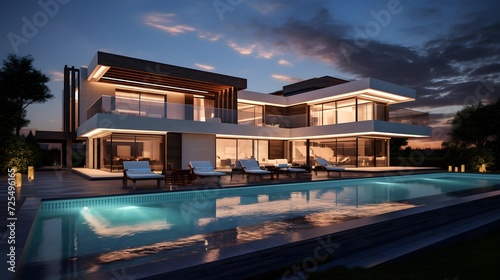 Luxury modern house with swimming pool at twilight. Nobody inside