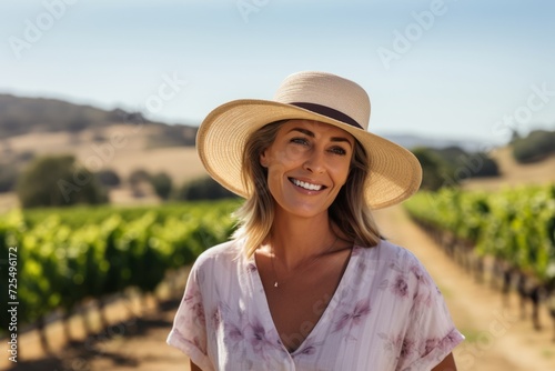 Portrait of beautiful woman in hat standing in vineyard on sunny day