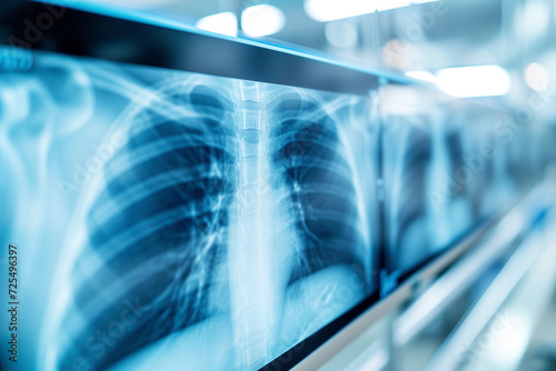 Close-up of monitors with x-ray in a hospital, side view