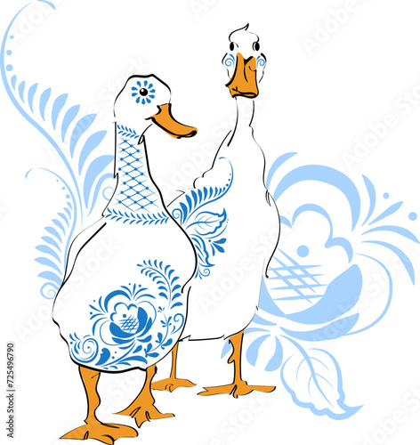 a pair of white geese made in a linear hand-drawn pattern with a blue floral ornament in the style of gzhel