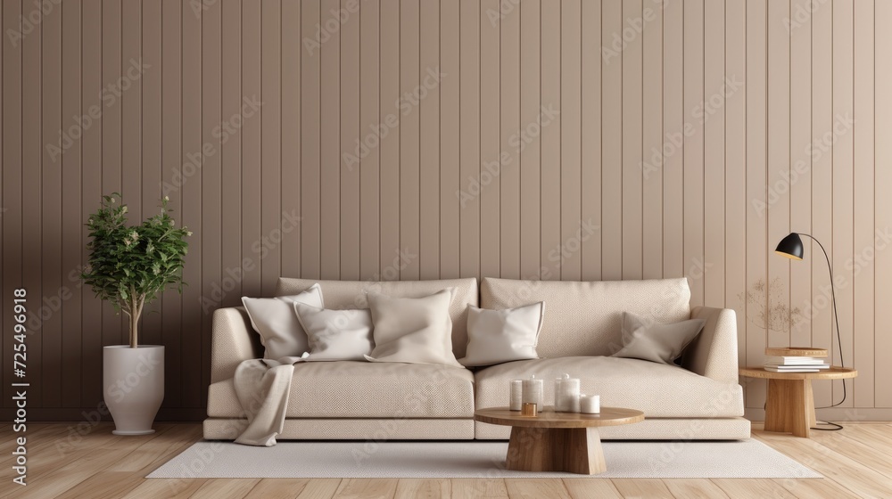 Beige corner sofa against of wooden paneling wall. Minimalist interior design of modern living room
