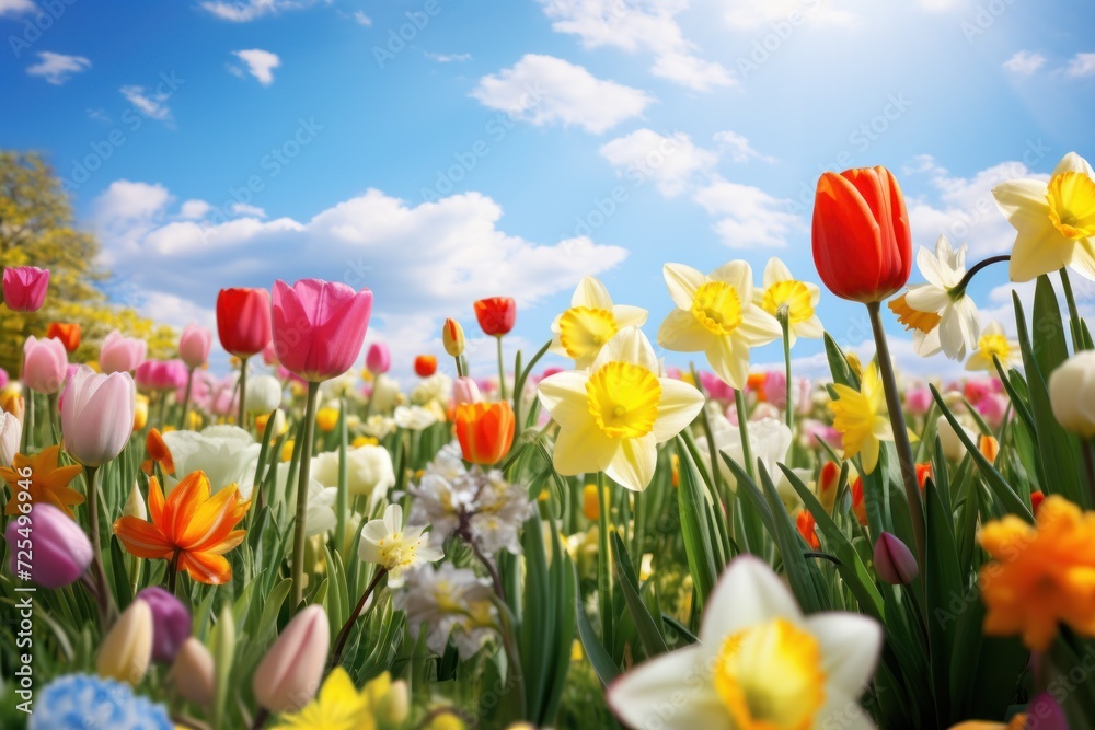 A vibrant garden with hidden Easter eggs among blooming tulips and daffodils, under a bright, sunny sky