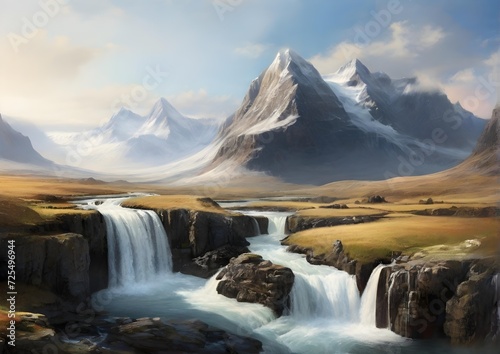 landscape with lake and mountains, waterfall, morning, jungle