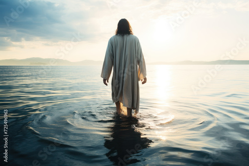 Jesus in white robe walking on water into sea. Religious symbol and metaphor