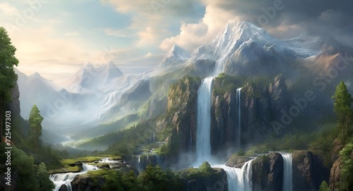 landscape with lake and mountains  waterfall  morning  jungle