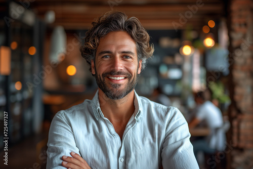 Portrait of handsome man smiling at camera while standing with arms crossed in cafe