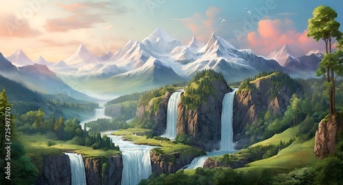 landscape with lake and mountains  waterfall  morning  jungle