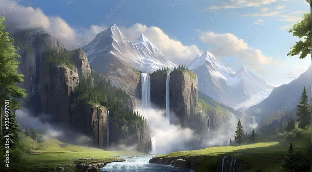 custom made wallpaper toronto digitallandscape with lake and mountains, waterfall, morning, jungle