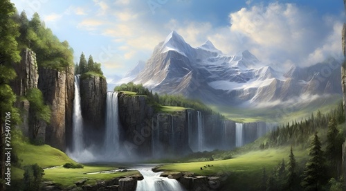 Wallpaper Mural landscape with lake and mountains, waterfall, morning, jungle Torontodigital.ca