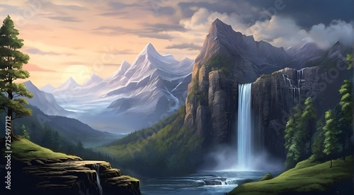Wallpaper Mural landscape with lake and mountains, waterfall, morning, jungle Torontodigital.ca