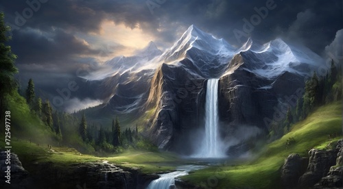 Wallpaper Mural landscape with lake and mountains, waterfall, morning, jungle Torontodigital.ca