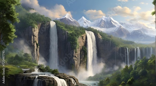 Wallpaper Mural landscape with lake and mountains, waterfall, morning, jungle Torontodigital.ca