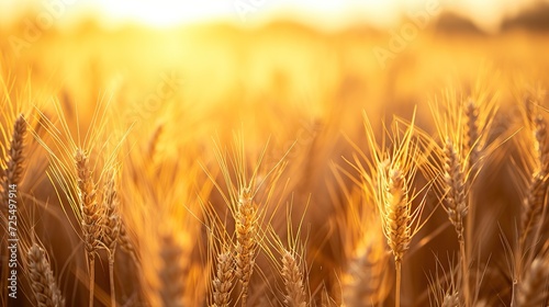 Beautiful wheat field in the sunset light. Golden ears during harvest  macro  banner format. Copy space for text.