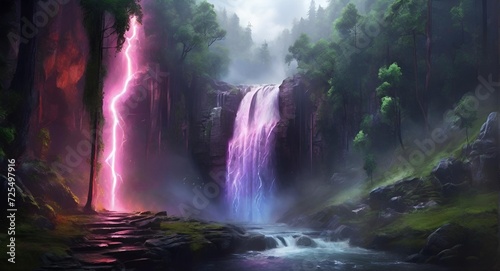 Wallpaper Mural landscape with lake and mountains, waterfall, morning, jungle Torontodigital.ca