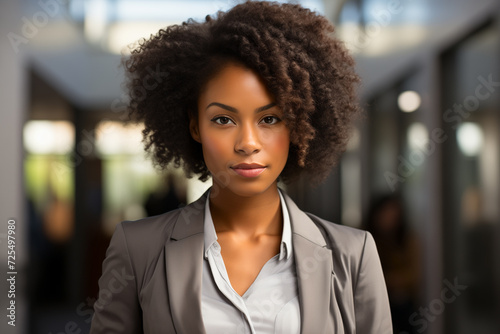 portrait of young african american businesswoman in suit at modern office