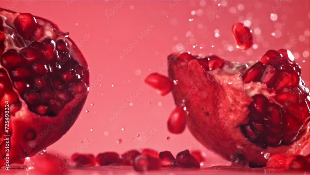 Chunks of fresh pomegranate fall on the table. Filmed on a high-speed camera at 1000 fps. High quality FullHD footage